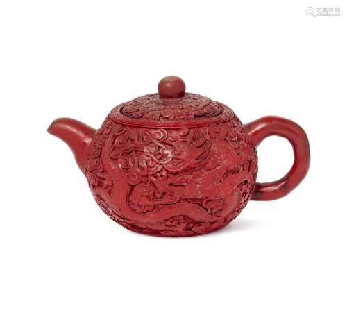 A Chinese red-lacquer encased yixing teapot
