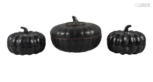 Three Japanese black lacquer pumpkin boxes