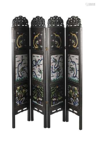 A Chinese cloisonné set hardwood four-section three-fold table screen