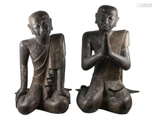 A pair of large Thai carved lacquered wood kneeling buddhas