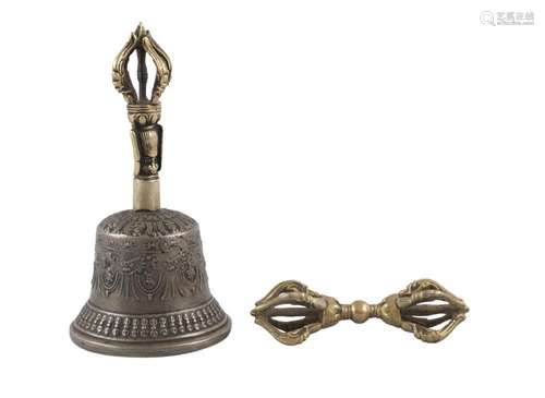 A Mongolian cast bell and a brass vajra