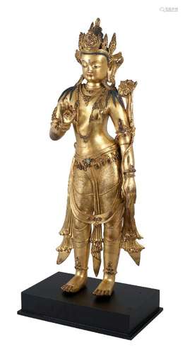 A large Sino-Tibetan gilt copper 'jewelled' figure of Padmapani Avalokiteshvara