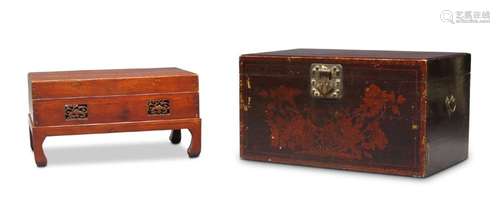 A Chinese red lacquer low box table on stand and a Korean trunk