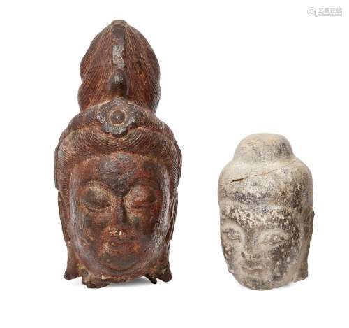 Two Chinese carved stone heads