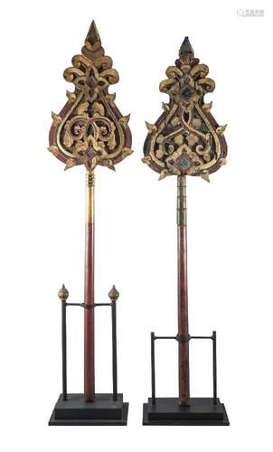 A pair of Thai carved ceremonial staffs