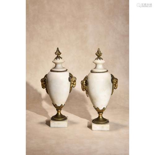 A pair of French white marble and gilt bronze mounted urns in Neoclassical style