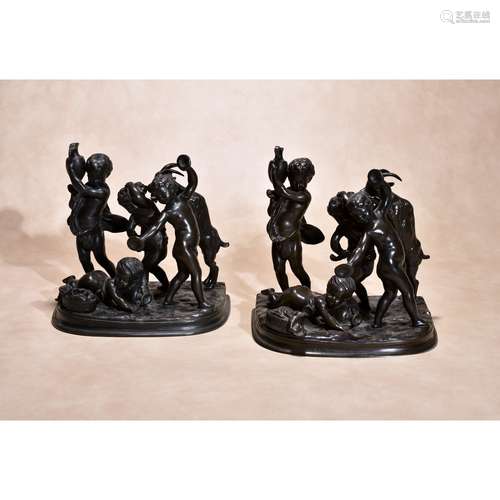 After Claude Michel, called Clodion, (French 1738 ~ 1814), a pair of patinated bronze Bacchic groups of revelling amorini