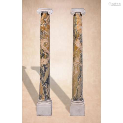 A pair of Italian Convent Siena and carved white marble columnar pedestals
