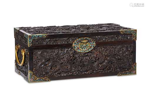 A CHINESE ZITAN WOOD ‘DRAGON’ DOCUMENT BOX AND COV