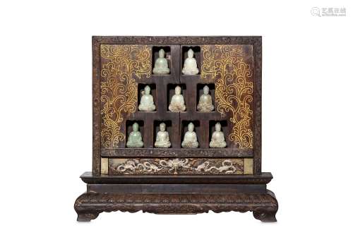 A CHINESE WOOD SHRINE WITH JADE FIGURES. The recta
