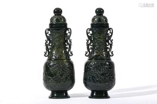 A PAIR OF CHINESE SPINACH JADE VASES AND COVERS.