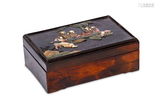 A CHINESE SOAPSTONE-INLAID ZITAN BOX AND COVER.