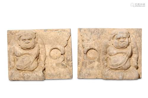 TWO CHINESE POTTERY RELIEF TILES. Yuan Dynasty.