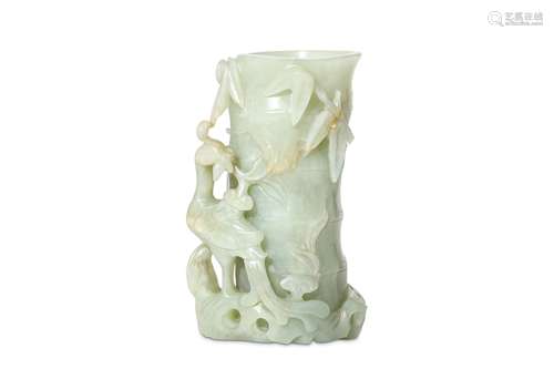 A CHINESE JADE BAMBOO AND BIRD VASE.