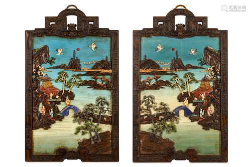 A PAIR OF CHINESE ZITAN PANELS WITH HARDSTONE INLAY. Qing Dynasty, 18th Century or later. Inlaid