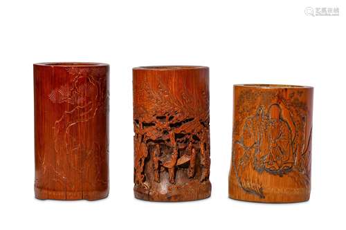 THREE CHINESE BAMBOO BRUSH POTS. 19 / 20th Century