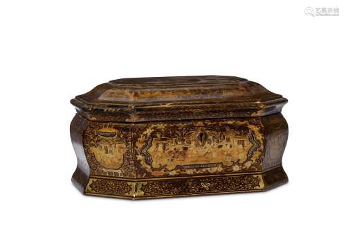A CHINESE GILT-DECORATED BLACK LACQUERED TEA CADDY