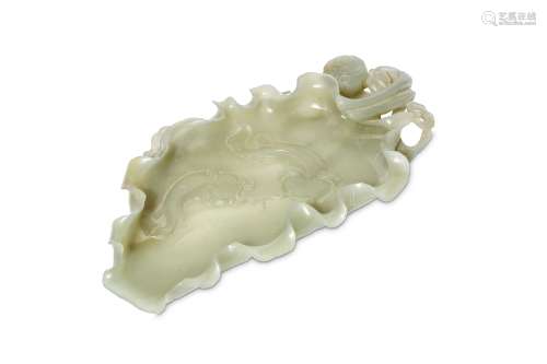 A CHINESE JADE LOTUS LEAF AND CATFISH WASHER. Qing
