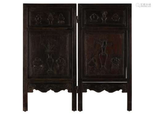 A CHINESE TWO-PANEL CARVED WOODEN SCREEN. Qing Dyn