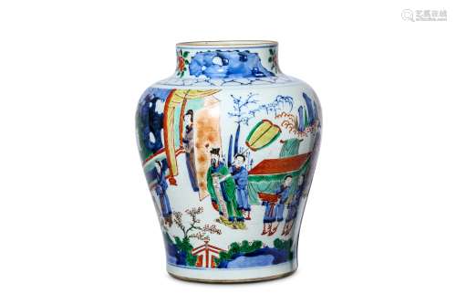 A CHINESE FAMILLE VERTE FIGURATIVE JAR. Transition