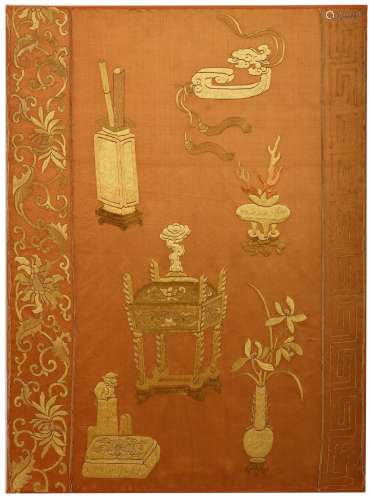 A CHINESE RED-GROUND ‘HUNDRED TREASURES’ EMBROIDERED PANEL. Qing Dynasty. Embroidered to depict