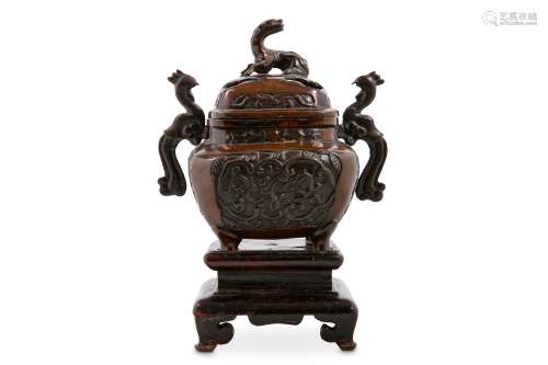 A CHINESE BRONZE INCENSE BURNER AND COVER. Of roun