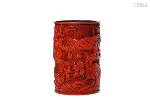 A CHINESE CINNABAR LACQUER BRUSH POT, BITONG. Qing Dynasty, Qianlong era. Of cylindrical , finely