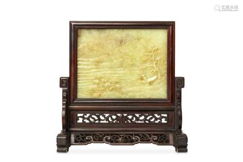 A CHINESE JADE-INSET TABLE SCREEN AND STAND. Qing