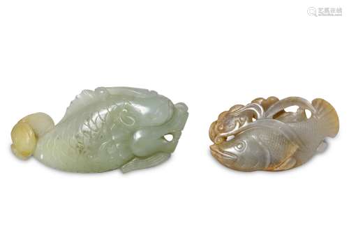 TWO CHINESE JADE CARVINGS OF FISH. Qing dynasty.
