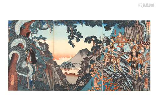 UTAGAWA YOSHIKAZU (fl.1870). Woodblock prints, oban triptych, entitled ‘Raiko Sanchuni Yokai wo