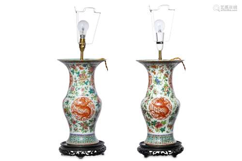 A PAIR OF CHINESE FAMILLE ROSE VASES, GU. Qing Dyn