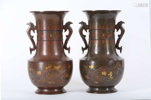 A PAIR OF INLAID BRONZE VASES. Meiji period. Each