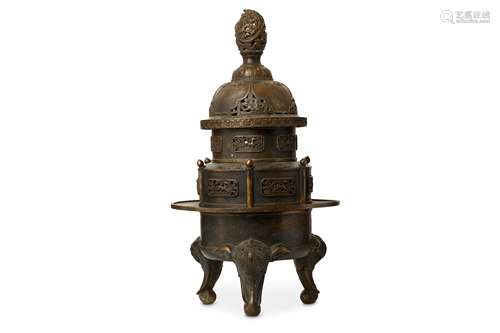 A LARGE CHINESE BRONZE TRIPOD INCENSE BURNER. Cast