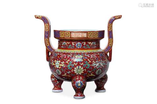 A CHINESE FAMILLE ROSE TRIPOD INCENSE BURNER. 20th