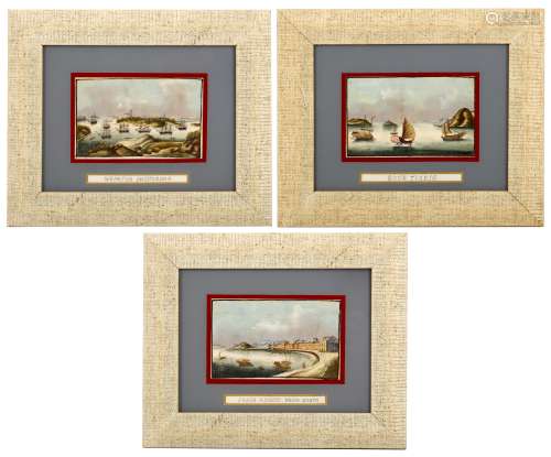 THREE CHINESE MINIATURE ‘HARBOUR’ EXPORT PAINTINGS