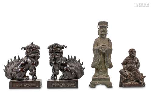 TWO CHINESE BRONZE FIGURES AND A PAIR OF BUDDHIST