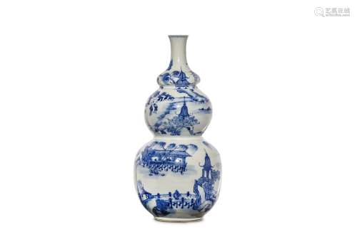 A CHINESE BLUE AND WHITE ‘LANDSCAPE’ TRIPLE GOURD