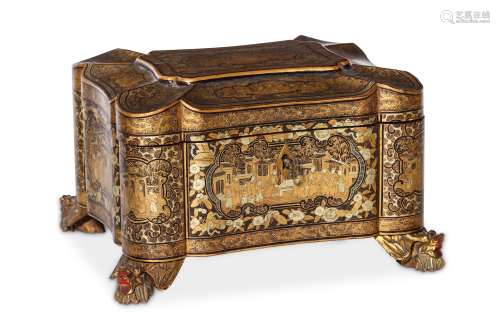 A CHINESE EXPORT GILT-DECORATED BLACK LACQUER TEA CADDY. Qing Dynasty, early 19th Century. Of