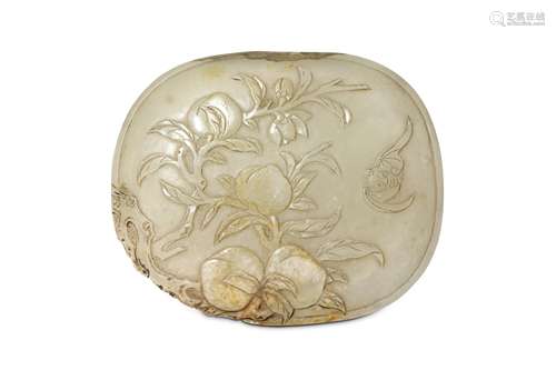 A CHINESE CARVED JADE ‘BAT AND PEACHES’ OVAL PANEL