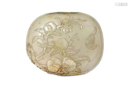 A CHINESE CARVED JADE ‘BAT AND PEACHES’ OVAL PANEL
