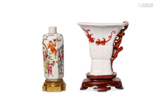 A CHINESE FAMILLE ROSE VASE TOGETHER WITH A WHITE-GLAZED ‘CHI DRAGON’ LIBATION CUP. Qing Dynasty.