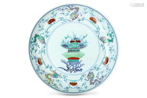 A CHINESE DOUCAI ‘FLOWER BASKET’ DISH. Qing Dynast