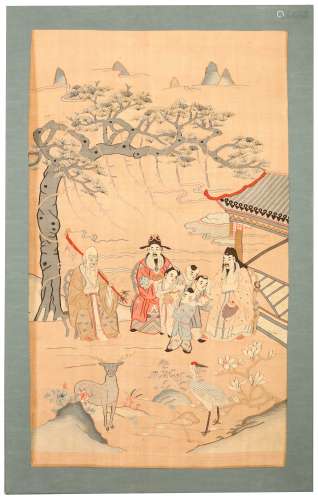A CHINESE KESI-WOVEN ‘FIVE IMMORTALS’ TEXTILE PANE