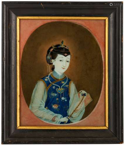 A CHINESE REVERSE GLASS PAINTING OF A LADY. Qing Dynasty, 18th Century. The well-dressed lady in a