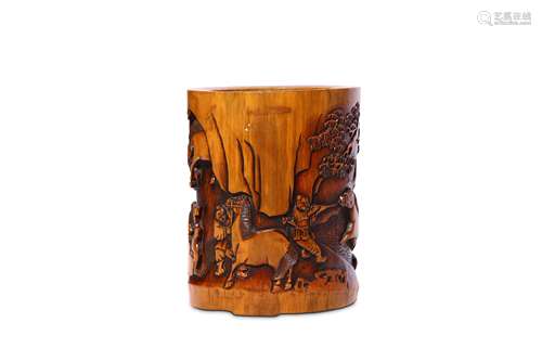 A CHINESE BAMBOO 'HORSES OF MU WANG' BRUSH POT, BITONG.