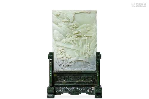 A CHINESE WHITE JADE TABLE SCREEN WITH SPINACH JAD