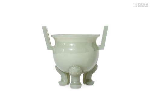 A CHINESE CARVED JADE TRIPOD INCENSE BURNER. Early