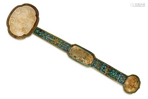 A CHINESE JADE-INSET CLOISONNÉ ENAMEL RUYI SCEPTRE