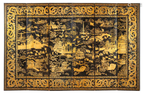 A LARGE CHINESE SIX-PANEL GILT-DECORATED BLACK LACQUERED SCREEN. Qing Dynasty, 19th Century.