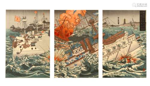 A WAR PROPAGANDA PRINT BY TOSHIMITSU (act. 1876 - 1904). Oban triptych, depicting the battle of